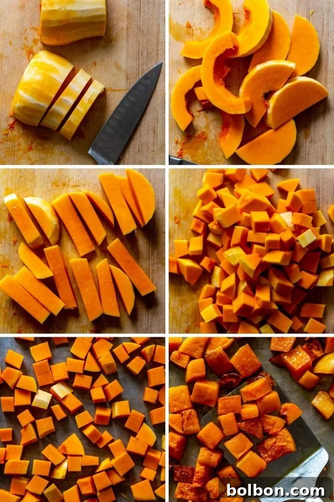 Your Guide to Perfect Butternut Squash Prep 4 Step by step photos showing Butternut squash being cut into half moons, sticks and then cubes.