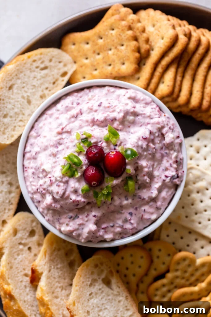 Sweet Heat Cranberry Jalapeno Dip 2 Creamy Cranberry Jalapeno Dip served on a plate with an assortment of crackers and bread, ready for holiday entertaining