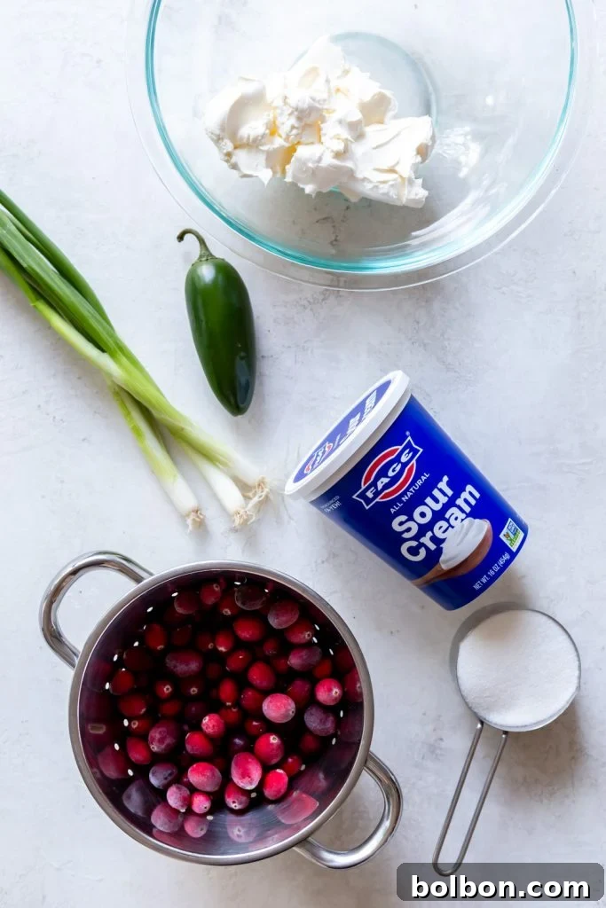 Sweet Heat Cranberry Jalapeno Dip 3 A vibrant selection of fresh ingredients for Cranberry Jalapeno Dip including bright red cranberries, a green jalapeño, white cream cheese, chopped green onions, and sugar, all neatly arranged on a white surface.