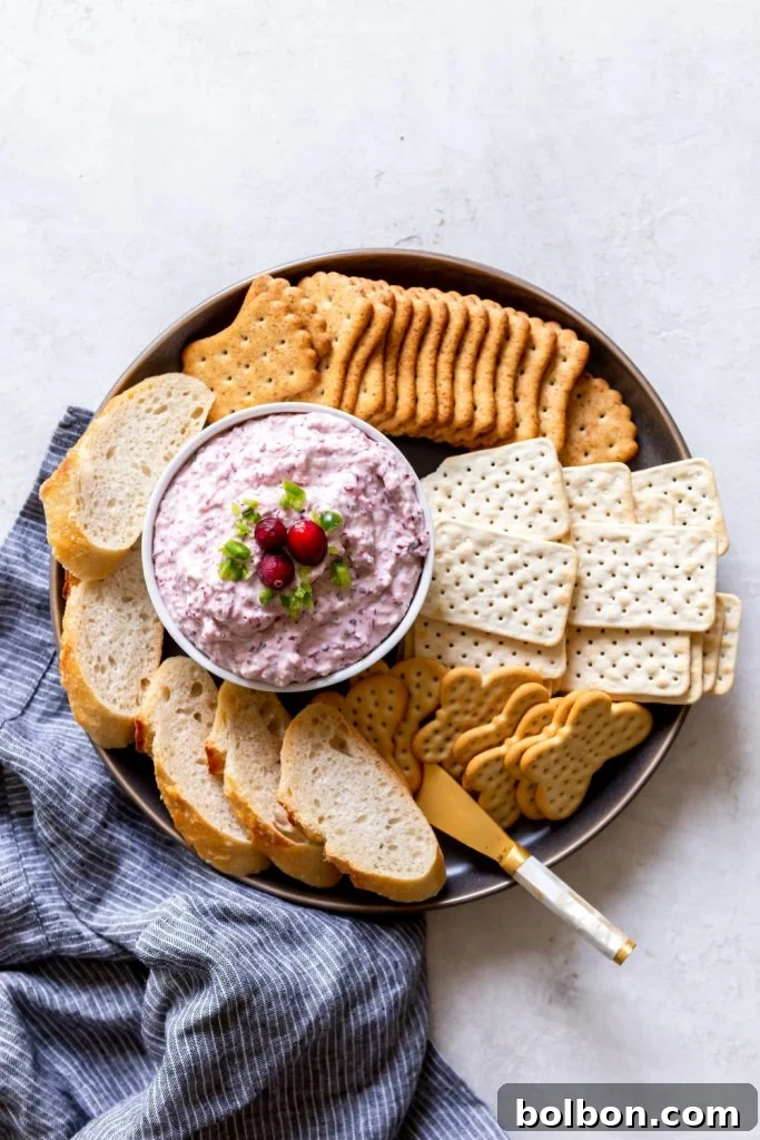 Sweet Heat Cranberry Jalapeno Dip 6 A white bowl filled with creamy Cranberry Jalapeno Dip, surrounded by an array of crackers and sliced baguette on a rustic wooden board, ready for a festive gathering.