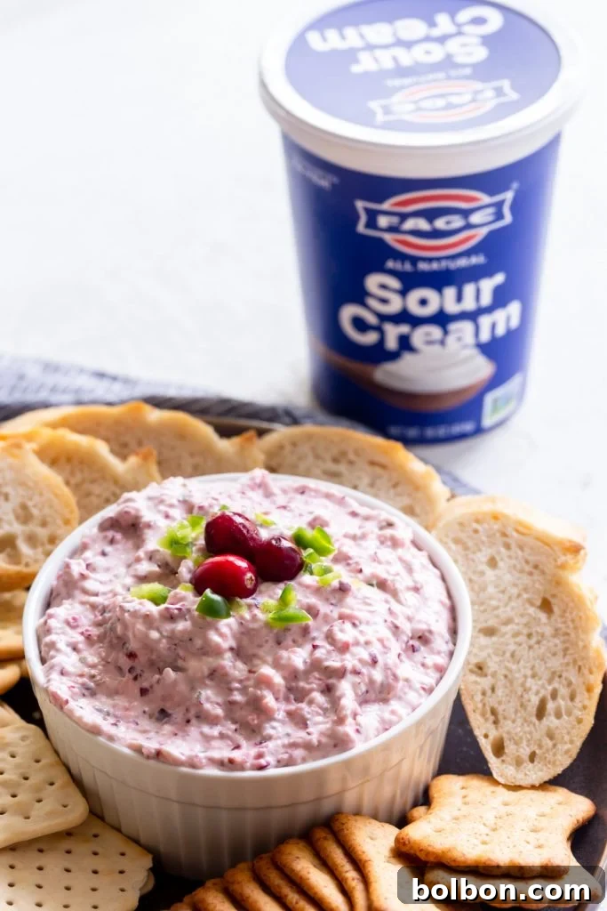 Sweet Heat Cranberry Jalapeno Dip 7 Cranberry Jalapeno Dip artfully arranged in a pristine white bowl on a elegant serving plate, accompanied by an assortment of crisp crackers and freshly baked bread slices.