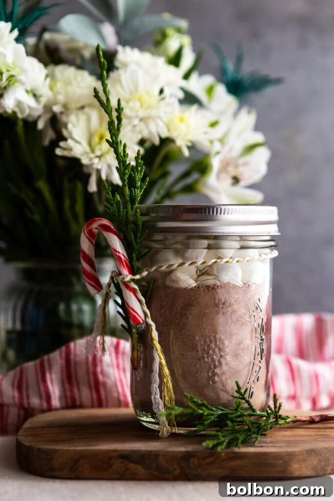 Craft Your Own Perfect Hot Chocolate Blend 2 Delicious homemade hot chocolate mix in a jar, ready for gifting during the holiday season.