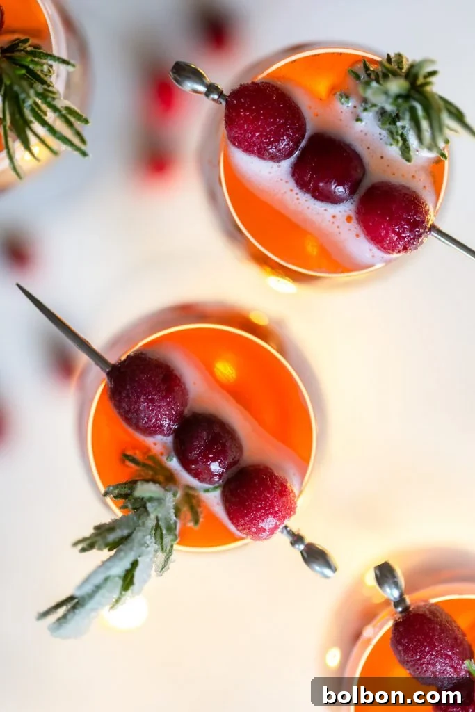 Cranberry mimosa from above, garnishes with sugared cranberries and sugared rosemary. 