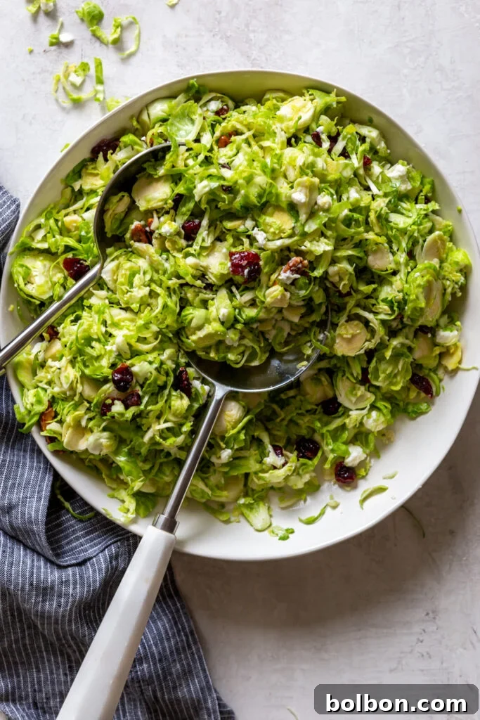 Shaved brussels sprouts salad in a white bowl, garnished with cranberries, goat cheese, and candied pecans.