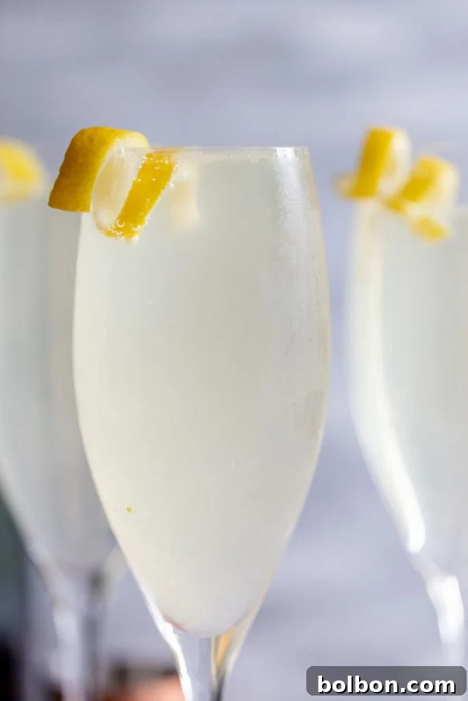 Close up of Champagne Flute with lemon twist garnish