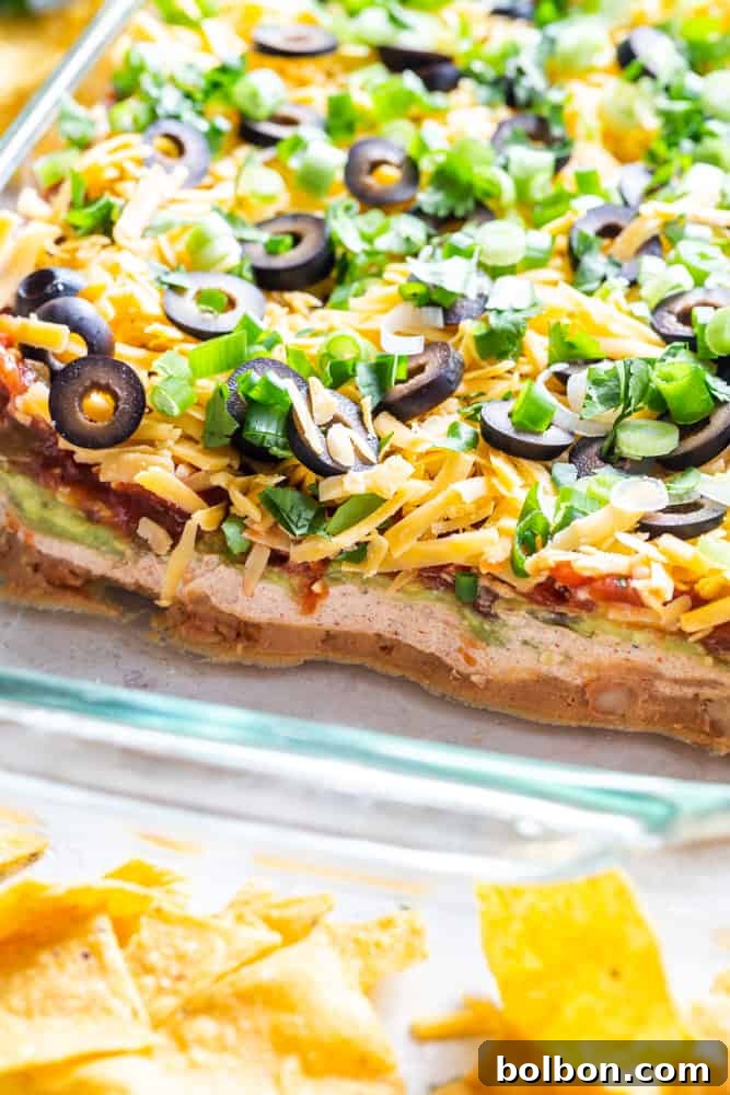 Seven Layer Fiesta Dip 2 Closeup of seven layer dip showing the layers - beans, sour cream, guacamole, salsa, cheese, olives, green onions and cilantro.