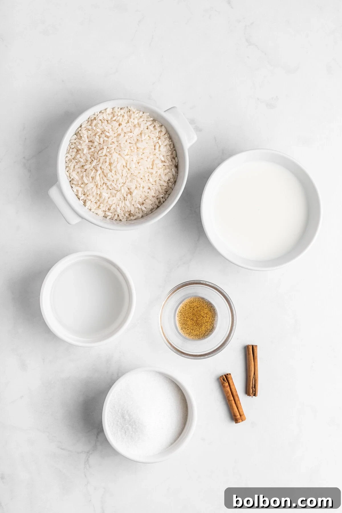 Top view of ingredients for rice pudding on a marble surface. The items include a bowl of white rice, a bowl of milk, a bowl of water, a small bowl of sugar, a small bowl of ground cinnamon, and two cinnamon sticks.