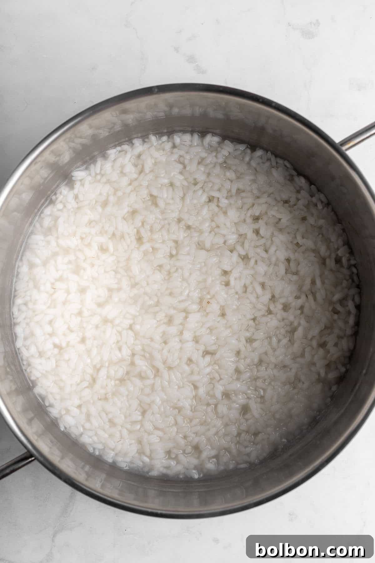 A pot filled with cooked white rice sits on a marble surface. The rice appears soft and slightly sticky, evenly spread across the flat surface of the pot. The metal handles of the pot are visible on the sides.