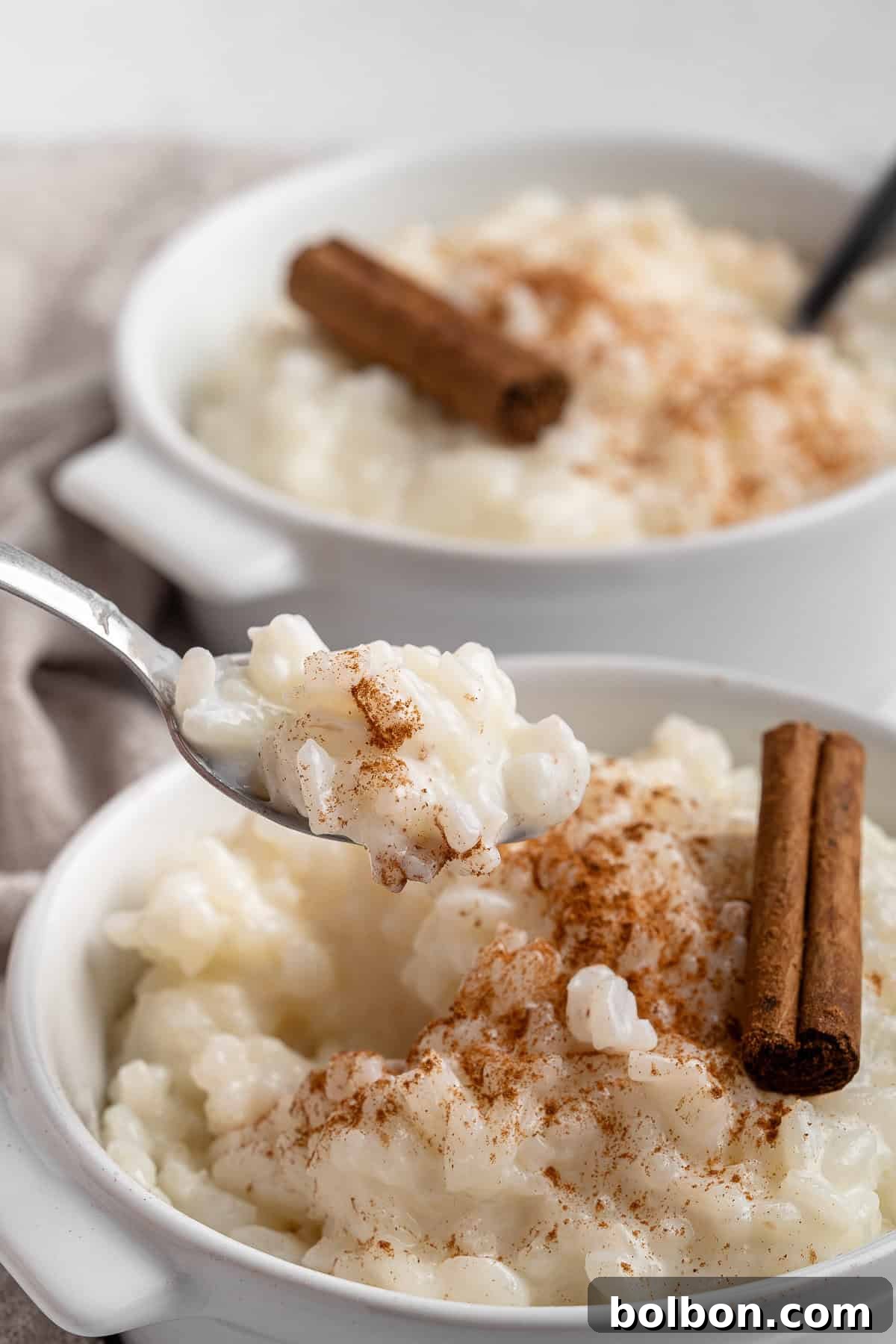 A close-up of a spoonful of the creamy dessert, sprinkled with cinnamon, being lifted from a white bowl. The bowl is garnished with a cinnamon stick, and there's a second bowl in the background.