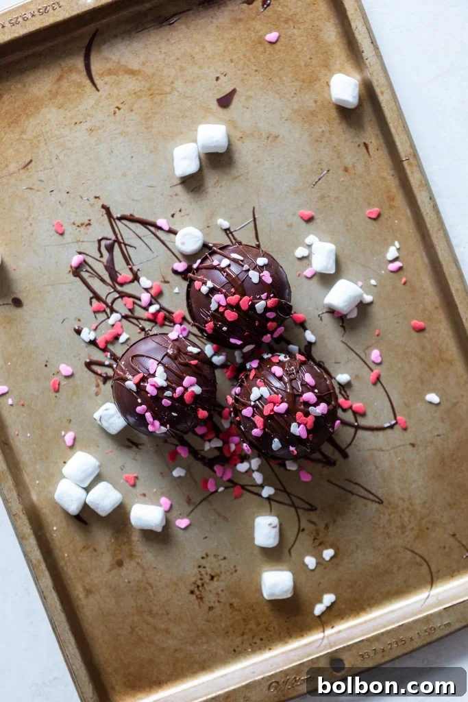 Crafting Irresistible Hot Chocolate Bombs 11 An assembled hot chocolate bomb, elegantly drizzled with melted chocolate and adorned with sprinkles, ready for its grand debut in a mug of hot milk.