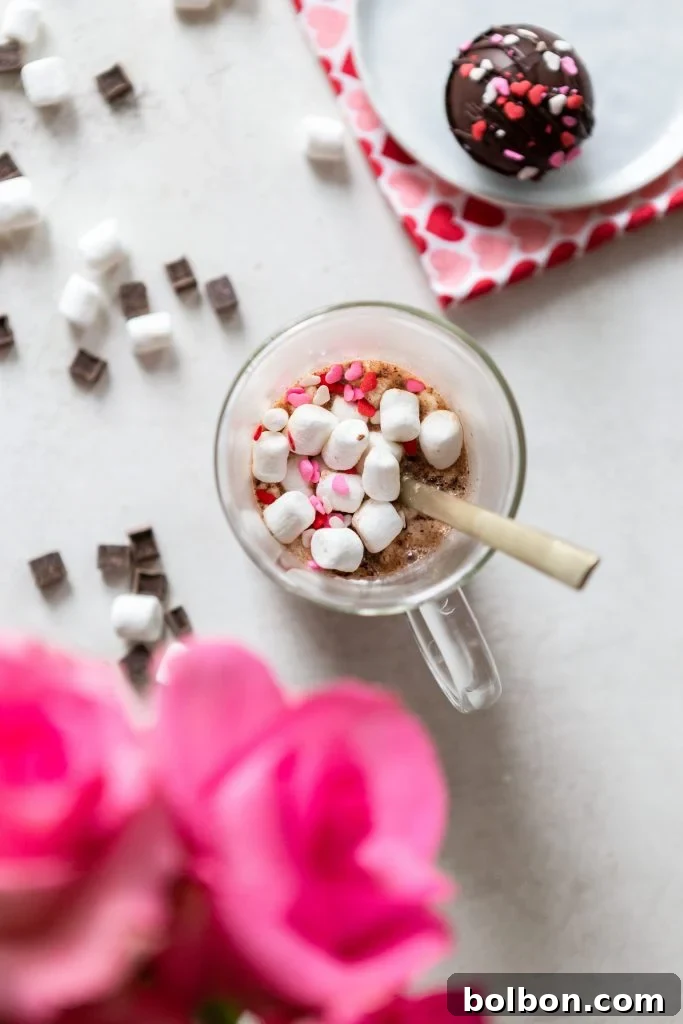 Crafting Irresistible Hot Chocolate Bombs 14 A steaming glass mug of hot chocolate, generously topped with fluffy mini marshmallows and festive red and pink heart sprinkles, ready to be enjoyed.