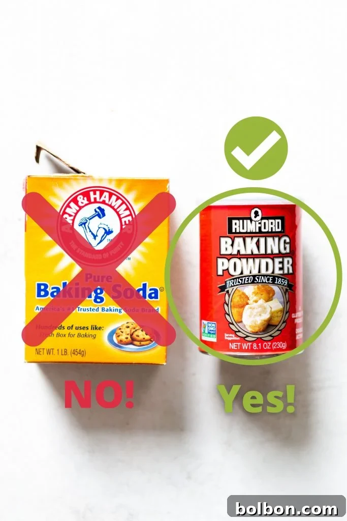 Crunchy Oven-Baked Chicken Wings 3 A photo of a box of baking soda with a red X printed on it, underneath are the words "NO!" in red. Next to it, a container of baking soda, circled in green. Underneath are the words "yes!" in green.