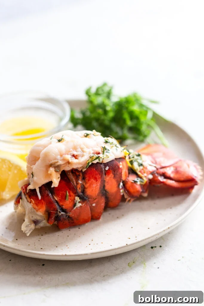 Cooked lobster tail on a white plate with lemon and herbs, ready to be served