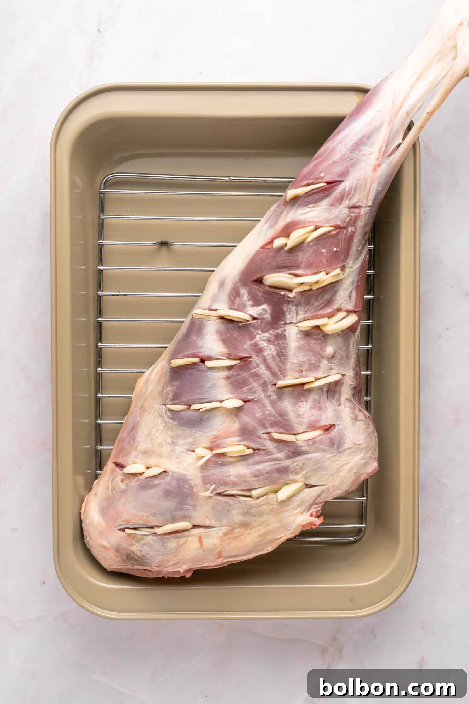 The Ultimate Roasted Lamb Leg 4 A raw leg of lamb with slits filled with garlic cloves, placed on a metal rack inside a beige roasting pan.