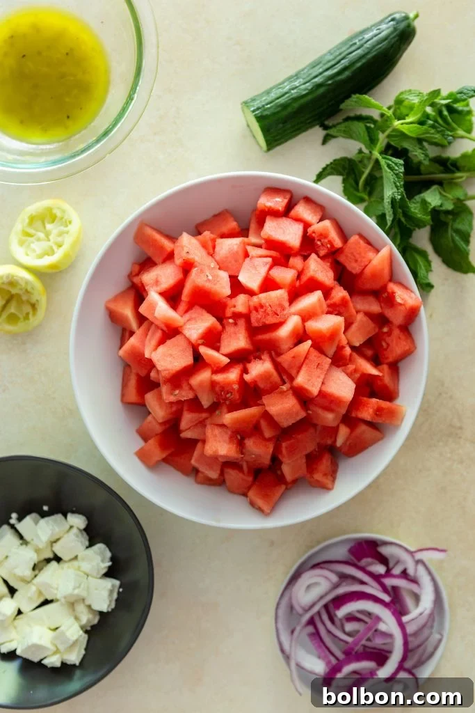 Sweet and Savory Watermelon Feta Salad 3 A close-up of the fresh ingredients for Watermelon Feta Salad: perfectly cubed watermelon, diced cucumber, a fragrant bunch of mint, crumbled feta cheese, thinly sliced red onions, and a small bowl of a vibrant lemon-olive oil dressing.