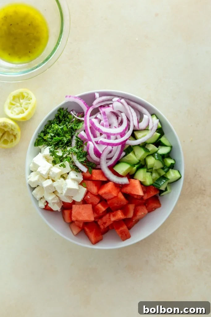 Sweet and Savory Watermelon Feta Salad 4 All the prepped ingredients for Watermelon Feta Salad: neatly chopped mint, thinly sliced red onions, diced cucumber, perfectly cubed watermelon, and crumbled feta cheese, all arranged in a large bowl before being gently mixed.