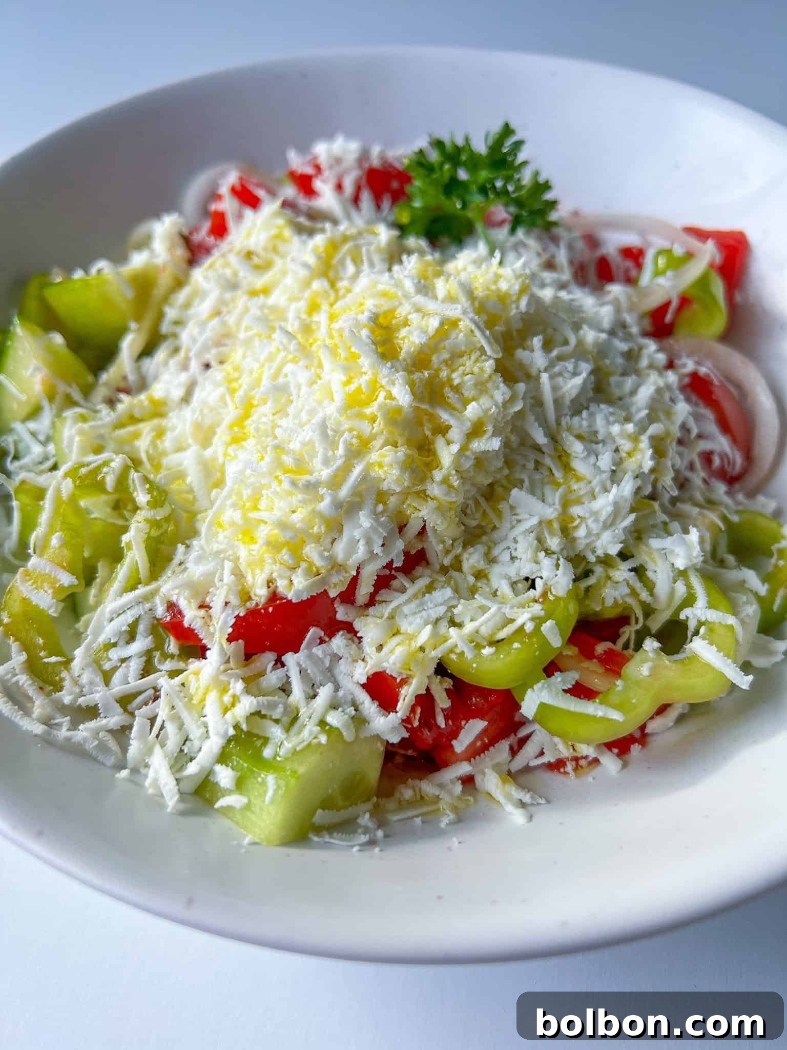 A vibrant and fresh Shopska Salad, showing diced tomatoes, cucumbers, bell peppers, onions, and parsley generously topped with grated white cheese.