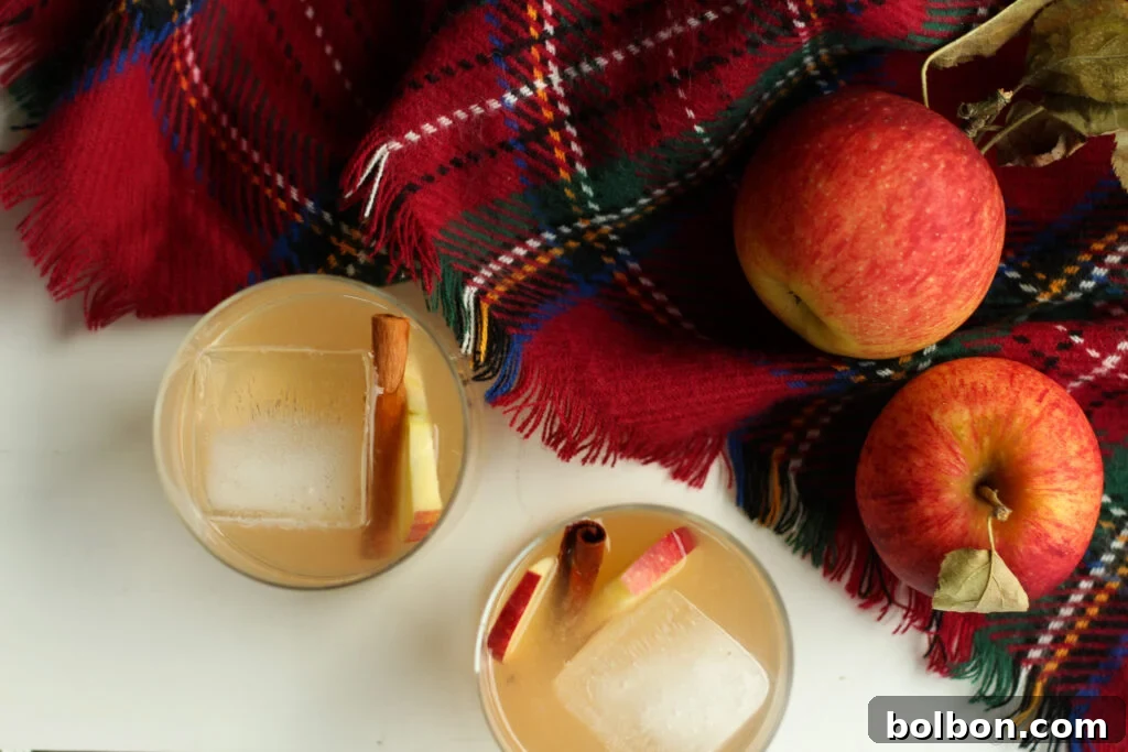 Harvest Maple Whiskey Cider 2 Autumn Maple Whiskey Cider cocktail with fresh apple slices and a cinnamon stick, perfect for fall gatherings.