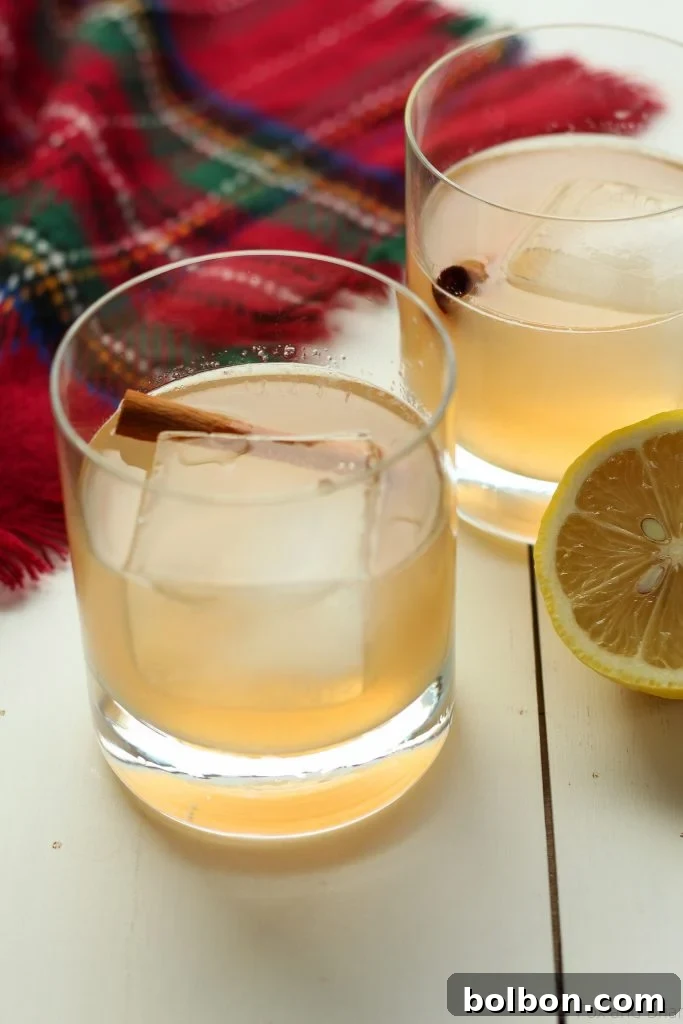Harvest Maple Whiskey Cider 6 A hand holding a perfectly chilled Maple Whiskey Cider in a lowball glass, showing large ice cubes, cinnamon stick, and apple garnish.