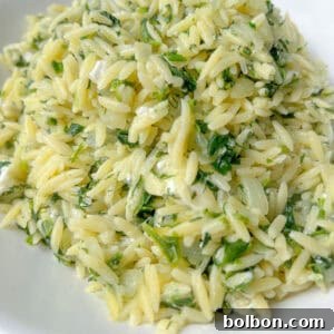 A close-up of a plate of Spinach Orzo Salad, featuring orzo pasta mixed with fresh herbs and a light, creamy sauce, served on a white dish.