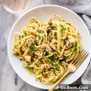 Finished tuna pasta dish on a plate