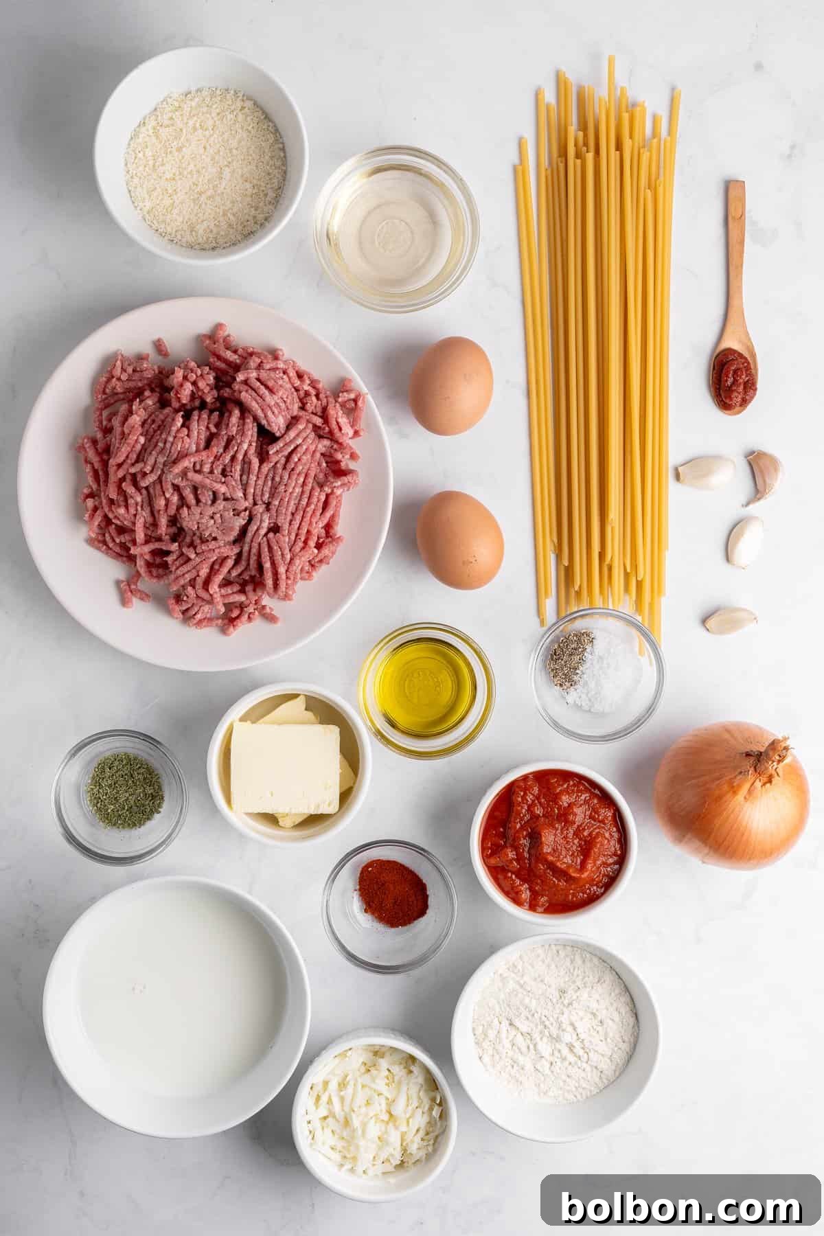 A flat lay of Pastitsio recipe ingredients on a white surface: ground meat, dry spaghetti, eggs, onion, garlic cloves, tomato paste, tomato sauce, olive oil, butter, flour, milk, cheese, spices, and breadcrumbs in various bowls and containers.