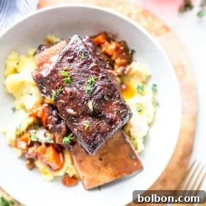 Finished Red Wine Beef Short Ribs ready to serve.