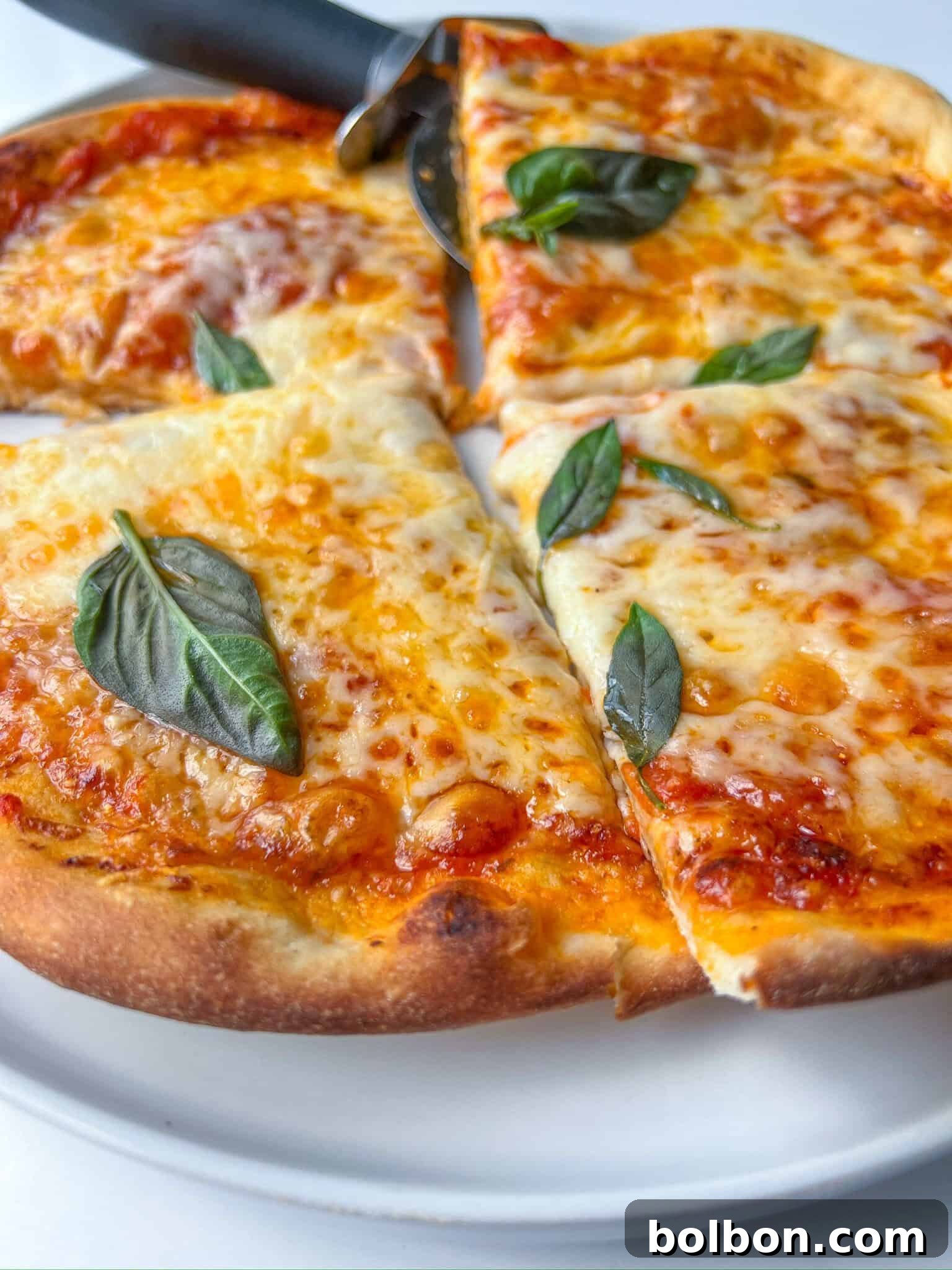 Whip Up Easy Homemade Pizza 2 Freshly baked homemade pizza with a perfectly charred crust, topped with bubbling cheese, vibrant tomato sauce, and fresh basil leaves, ready to be sliced.