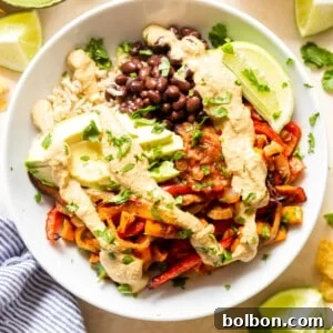 Finished Roasted Veggie Burrito Bowl with Vegan Queso