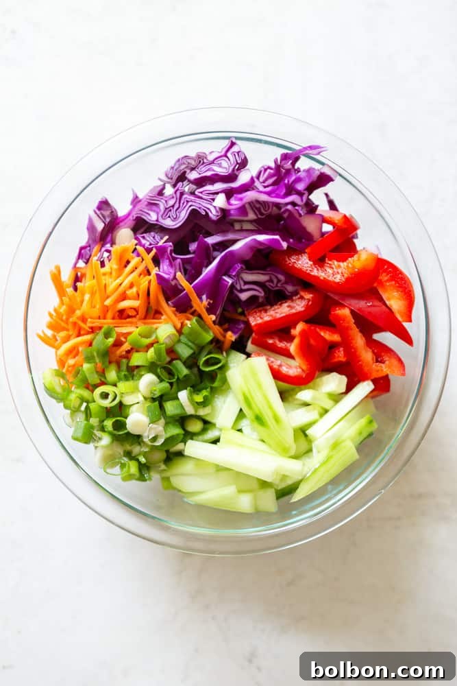 Zesty Peanut Noodles 3 Vegetables for cold peanut noodle salad in a glass bowl. Grated carrots, purple cabbage, red bell pepper, cucumber matchsticks, sliced green onion.