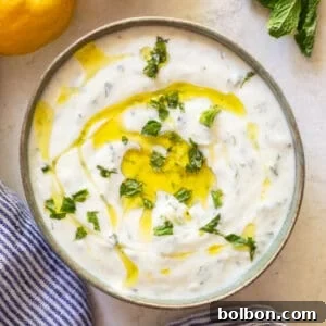 Tzatziki Sauce in a bowl, garnished with mint and olive oil.