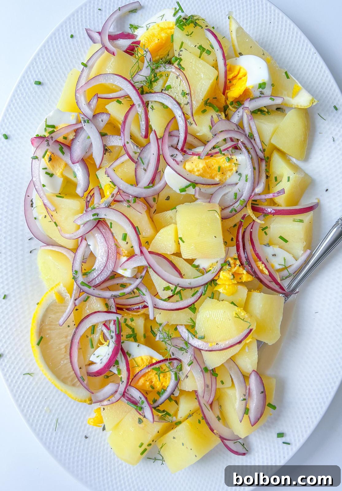 A beautifully presented healthy potato salad with hard-boiled eggs, red onion, and fresh herbs.