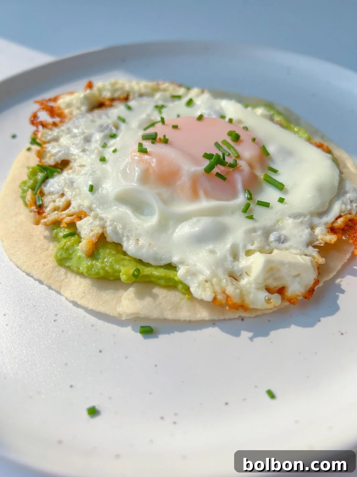 A perfectly fried egg with a crispy feta crust resting on a charred tortilla with mashed avocado, garnished with fresh chives, ready to be enjoyed as a quick and flavorful meal.