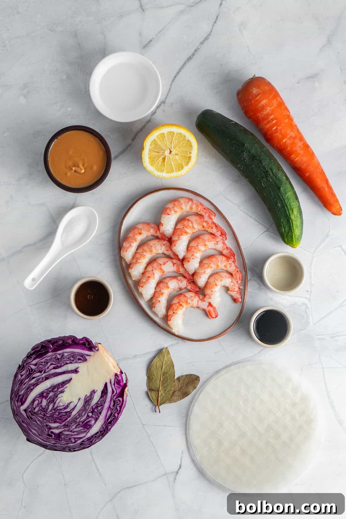 Ingredients for Vietnamese spring rolls on a marble surface: shrimp, carrot, cucumber, purple cabbage, lemon, rice paper, bay leaves, peanut sauce, soy sauce, hoisin sauce, and salt.