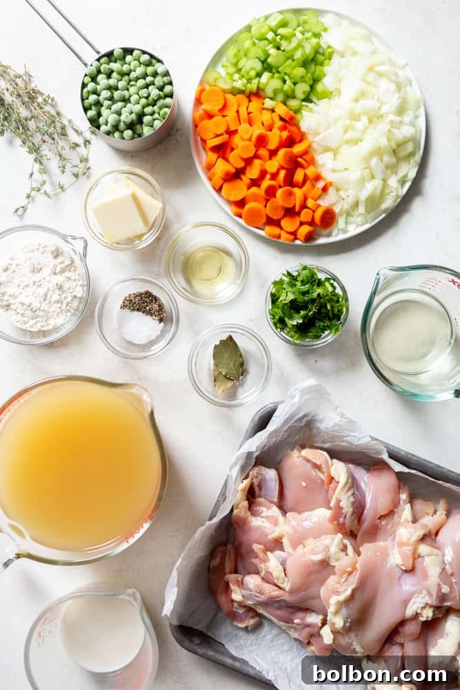 A curated selection of fresh ingredients for chicken and dumplings: succulent chicken thighs, a carton of whole milk, rich chicken broth, a bottle of white wine, aromatic herbs, salt, pepper, oil, flour, butter, vibrant carrots, crisp celery, pungent onions, and bright green peas.