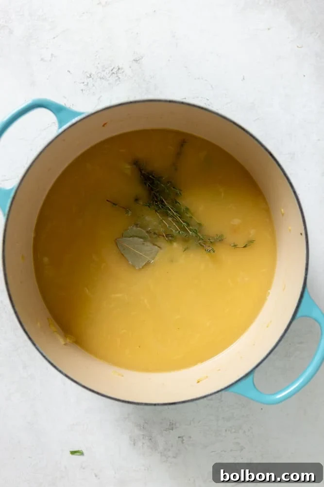 A simmering chicken and dumpling soup, enriched with fresh thyme, aromatic bay leaves, and a swirl of whole milk, creating a comforting broth.