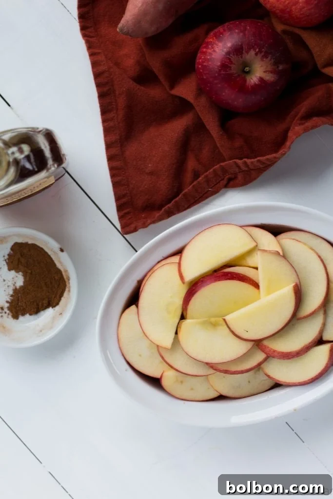 Spiced Sweet Potato Apple Bake 7 This healthier sweet potato casserole is sweetened with maple syrup. Perfect for your Thanksgiving table!