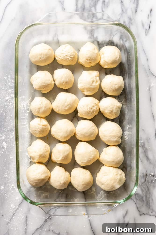 Effortless Dinner Rolls 6 Dinner roll dough balls before the second rise.