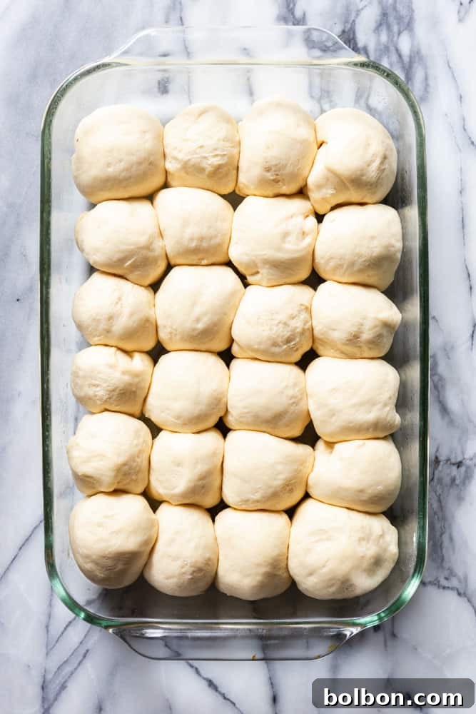 Effortless Dinner Rolls 7 Dinner roll dough balls after the second rise. They are visibly larger and now sides are touching.