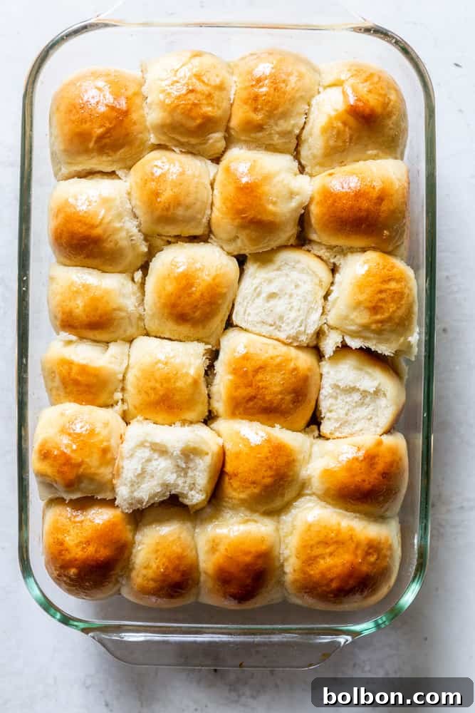 Effortless Dinner Rolls 9 Soft and fluffy dinner rolls in a glass 13X9 pan