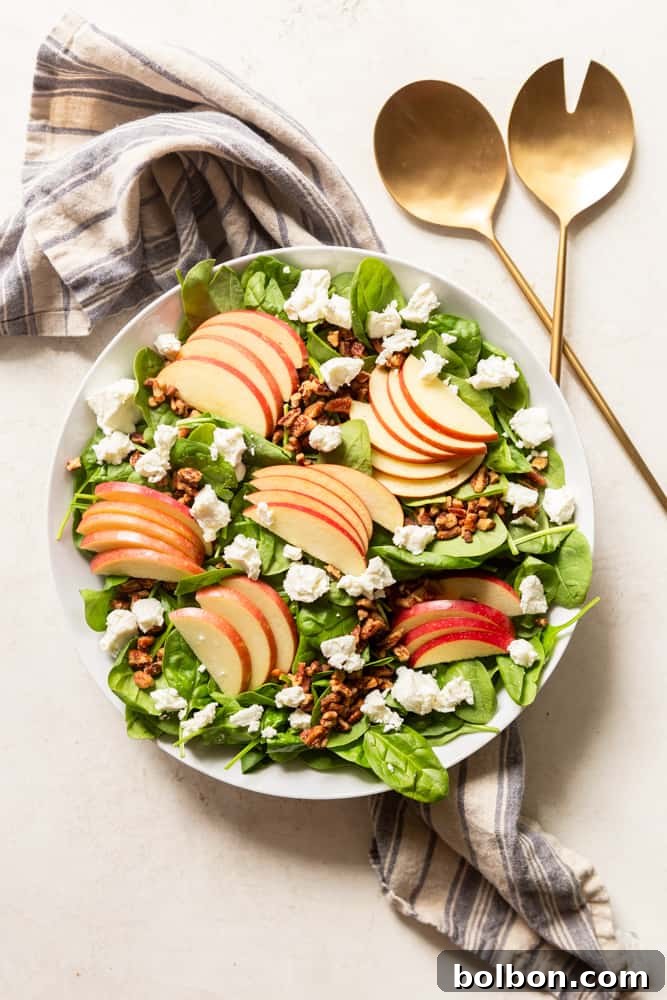 Spinach apple salad with goats cheese and chopped candied pecans in a large white bowl.