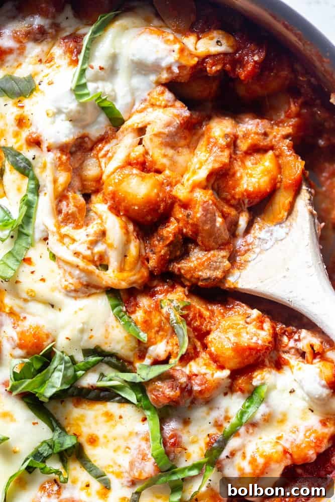 Hearty One-Pan Gnocchi & Sausage 9 A delicious close-up of the Cheesy One-Pot Gnocchi with Sausage, showing the rich texture of the sauce, tender gnocchi, and melted cheese, perfect for a hearty meal.