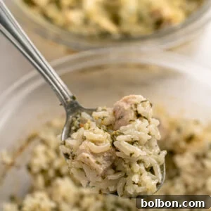A close-up of a spoonful of rice casserole with chunks of chicken and herbs, held above a glass bowl filled with more of the same dish. Another dish of casserole is visible blurred in the background.