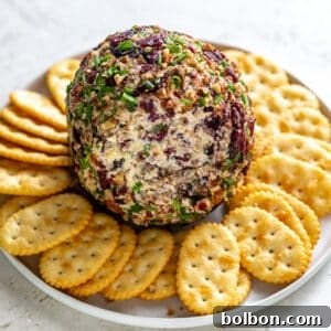 Finished Cranberry Pecan Cheese Ball, garnished and ready to serve.