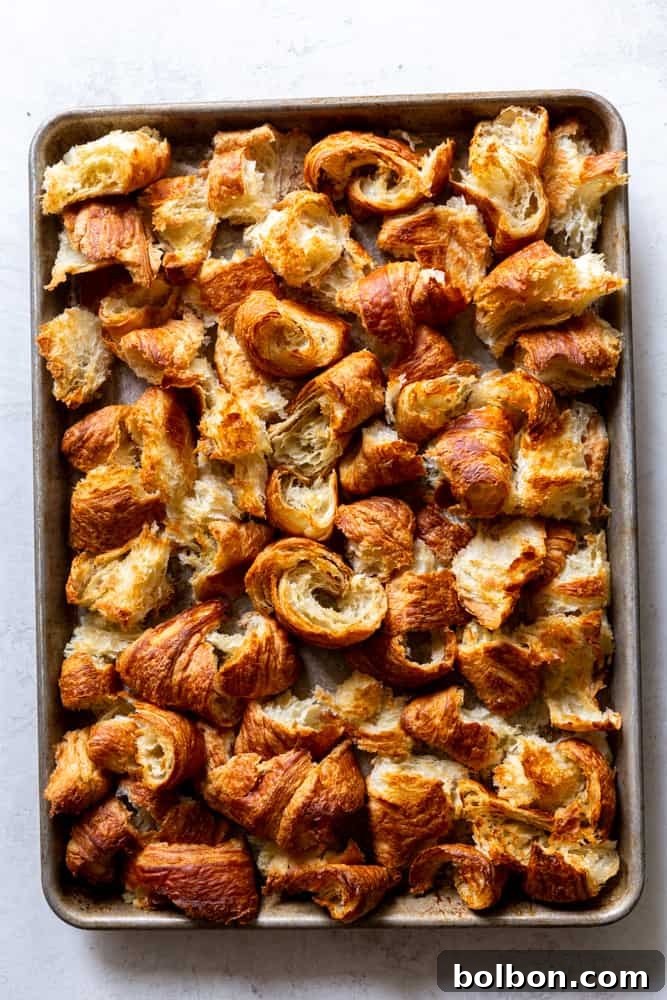Close-up of golden-brown croissants after toasting, showing their flaky texture.
