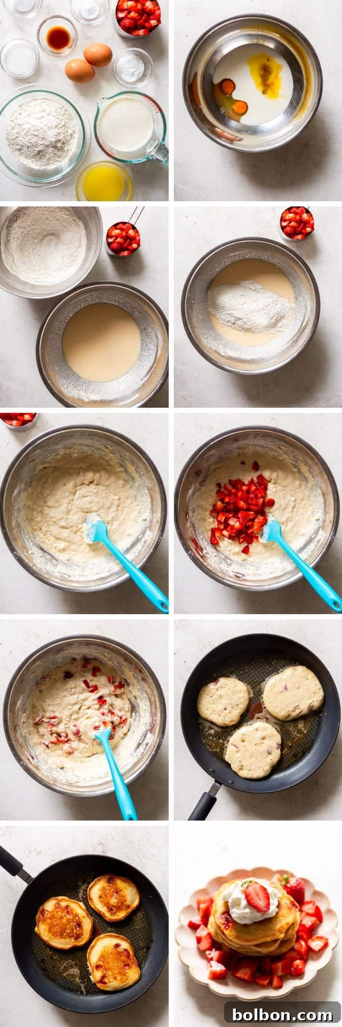 Step By step photo collage of making strawberry pancakes. 1. ingredients for strawberry pancakes. 2. wet ingredients in a bowl. 3. wet ingredients in one bowl, dry ingredients in another bowl. 4. Dry ingredients after being added to wet ingredients. 5. Batter after mixing wet and dry ingredients together. 6. Batter after adding chopped strawberries. 7. Batter after stirring in strawberries. 8. 3 pancakes on a frying pan before being flipped. 9. 3 pancakes on a frying pan after being flipped. 9. Finished stack of strawberry pancakes on a plate, topped with whipped cream and strawberries. 