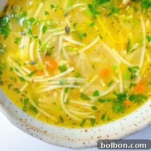 A close-up of a bowl of clear Turkey Noodle Soup with thin noodles, diced carrots, fresh herbs, and a light broth, served in a speckled ceramic bowl.