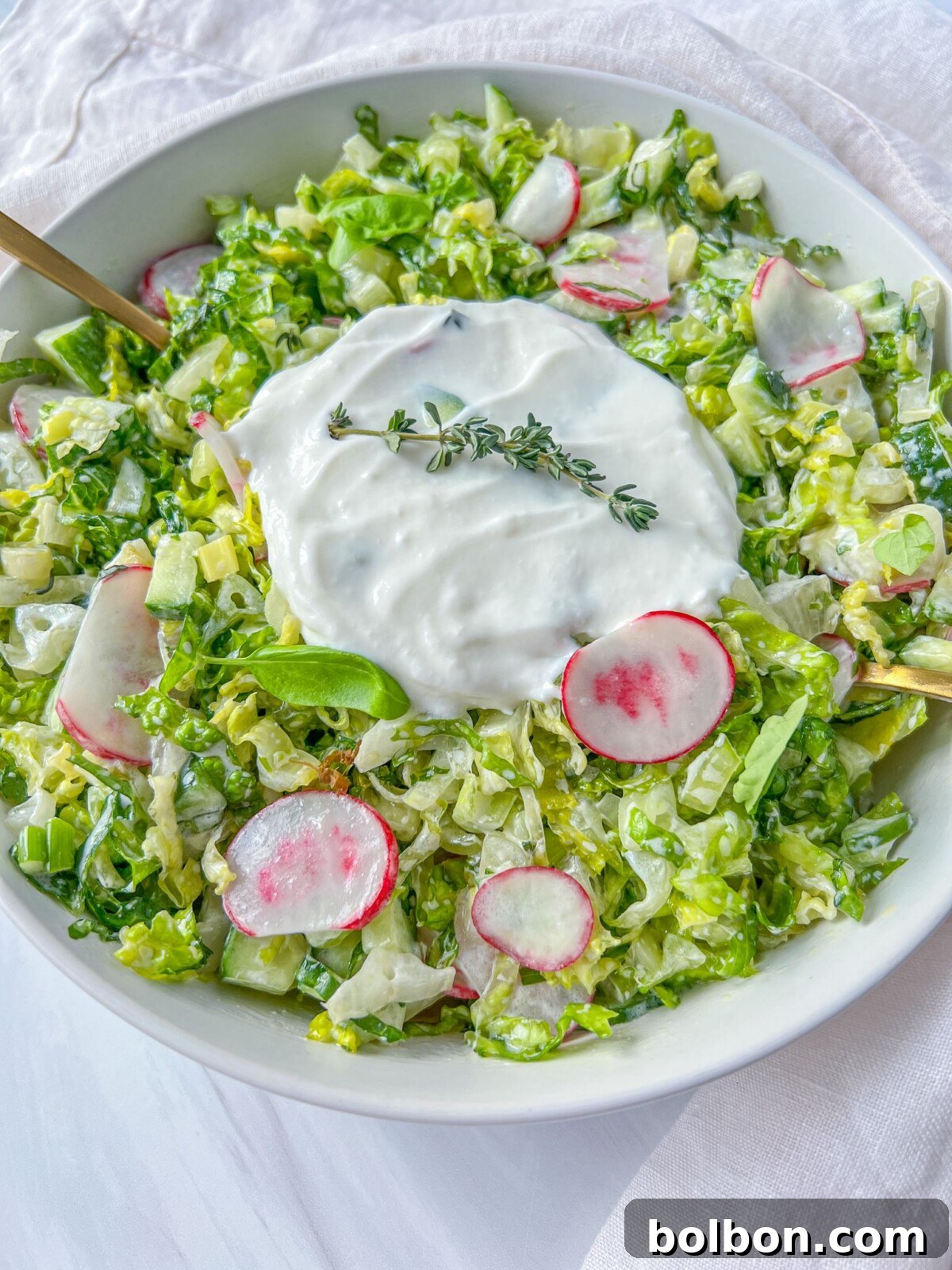 Bulgarian Salad, a refreshing mix of thinly sliced lettuce, cucumbers, radishes, and green onions, tossed in a creamy yogurt dressing.
