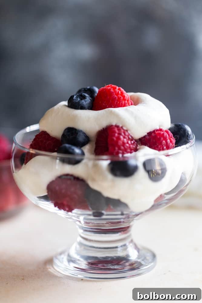 Fluffy homemade whipped cream with fresh berries, showcasing its light and airy texture.