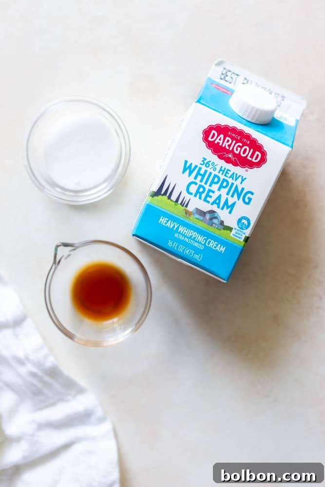 Close-up of the three essential ingredients for whipped cream: heavy whipping cream, granulated sugar, and vanilla extract, arranged on a kitchen counter.